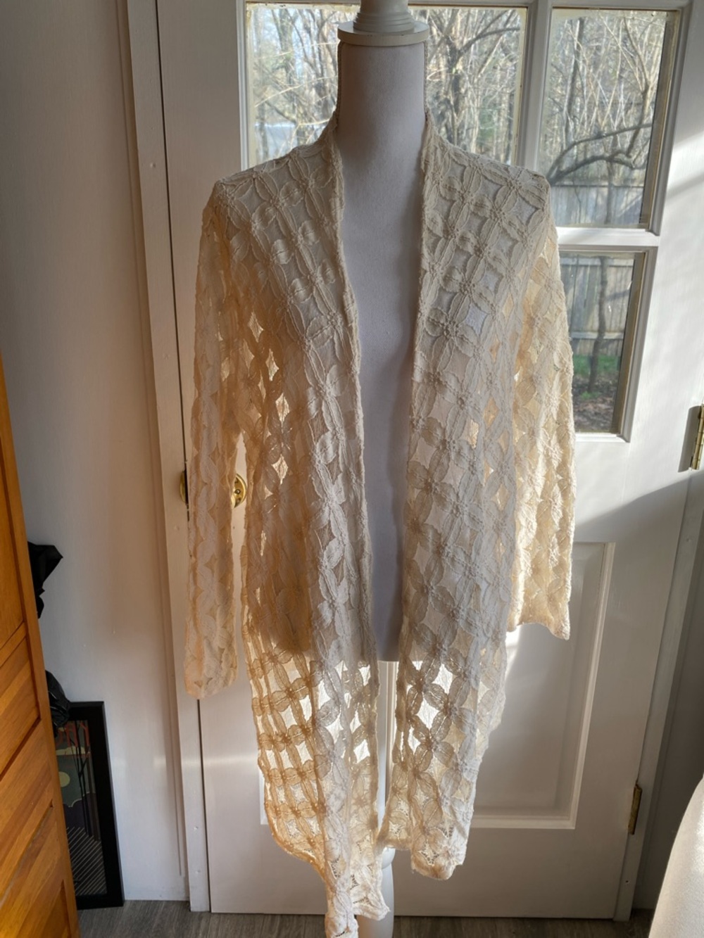 SML Sport Open-Front Crochet Duster Cardigan in Cream